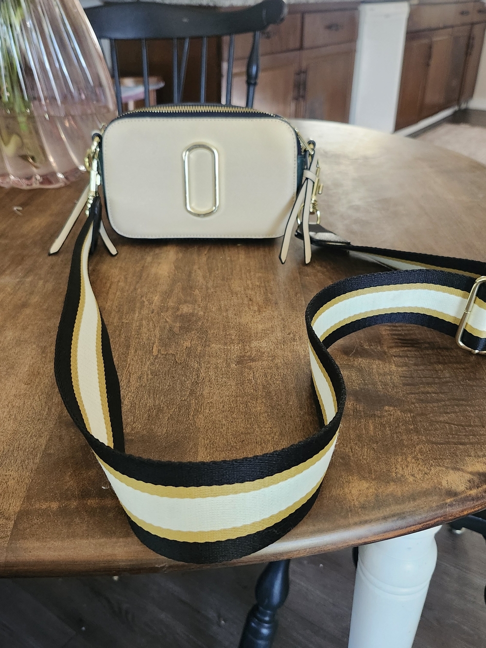 Beige Crossbody Purse with Striped Adjustable Strap